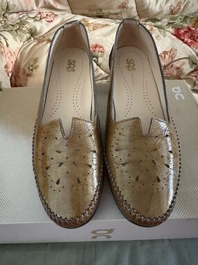 SAS Sonyo Women's Metallic Bronze Slip-On heeled Loafer with Perforated Detail